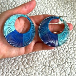 Large Round Blue Fabric Earrings for Pierced Ears